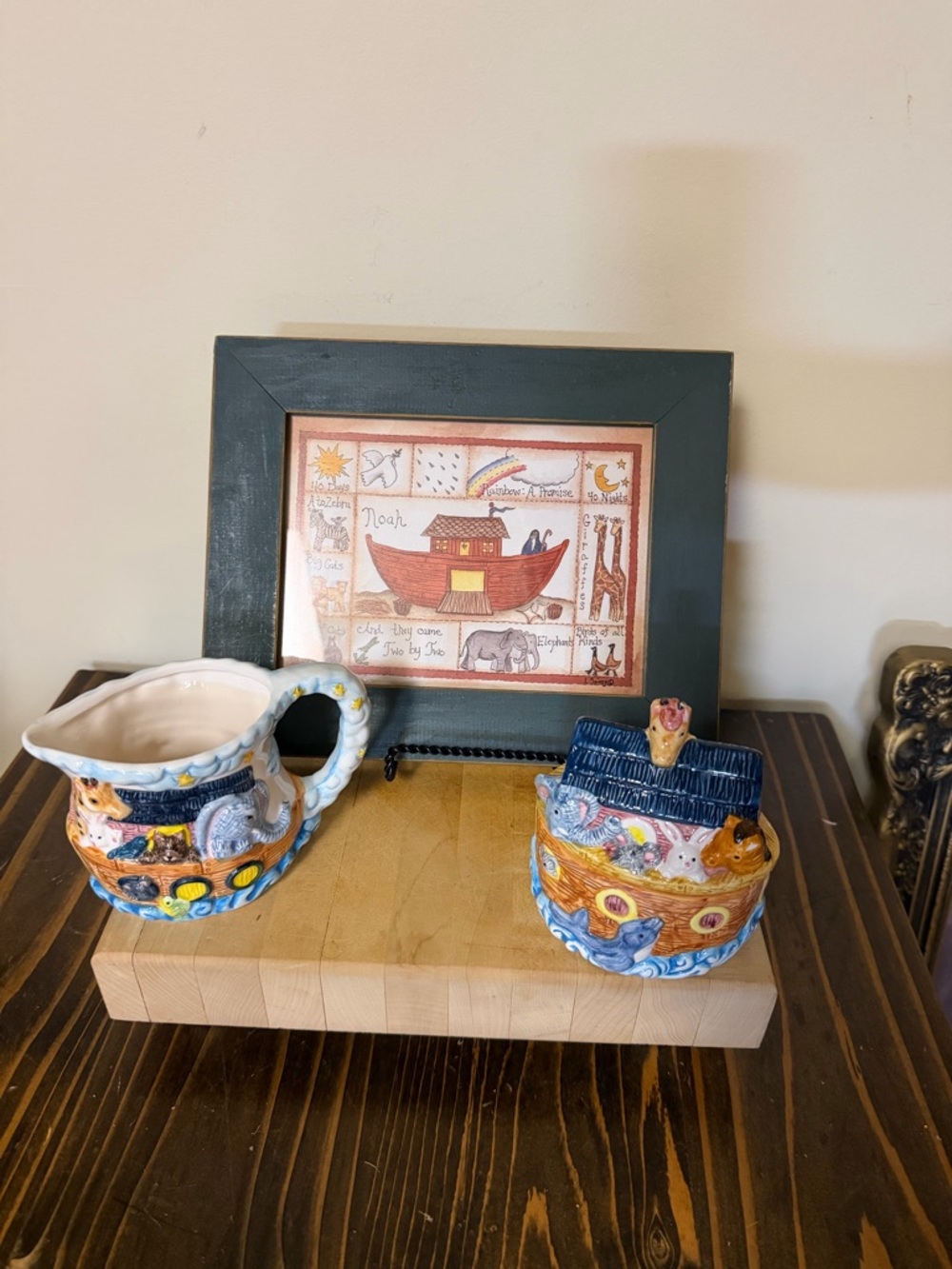 No Brand Blue and Multicolor Noah's Ark Ceramic Creamer and Trinket Box Set